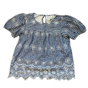 Women’s Sail To Sable Blouse Blue & White Check &  Floral Embroidery Size Large